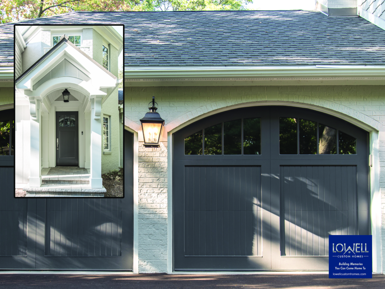 Entry door with complimentary garage doors carriage style