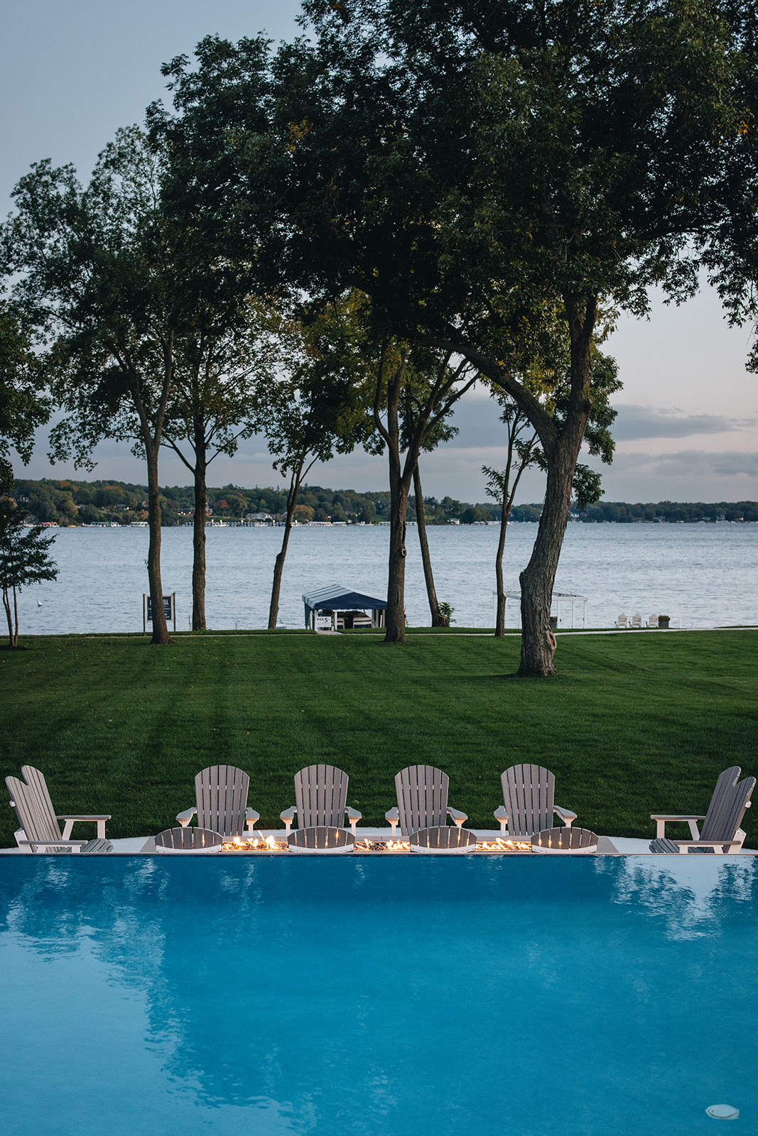 outdoor fire pit overlooking lake view